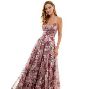 SAY YES TO THE PROM Juniors' Embroidered Floral Lace-Up Gown Mauve/Wine